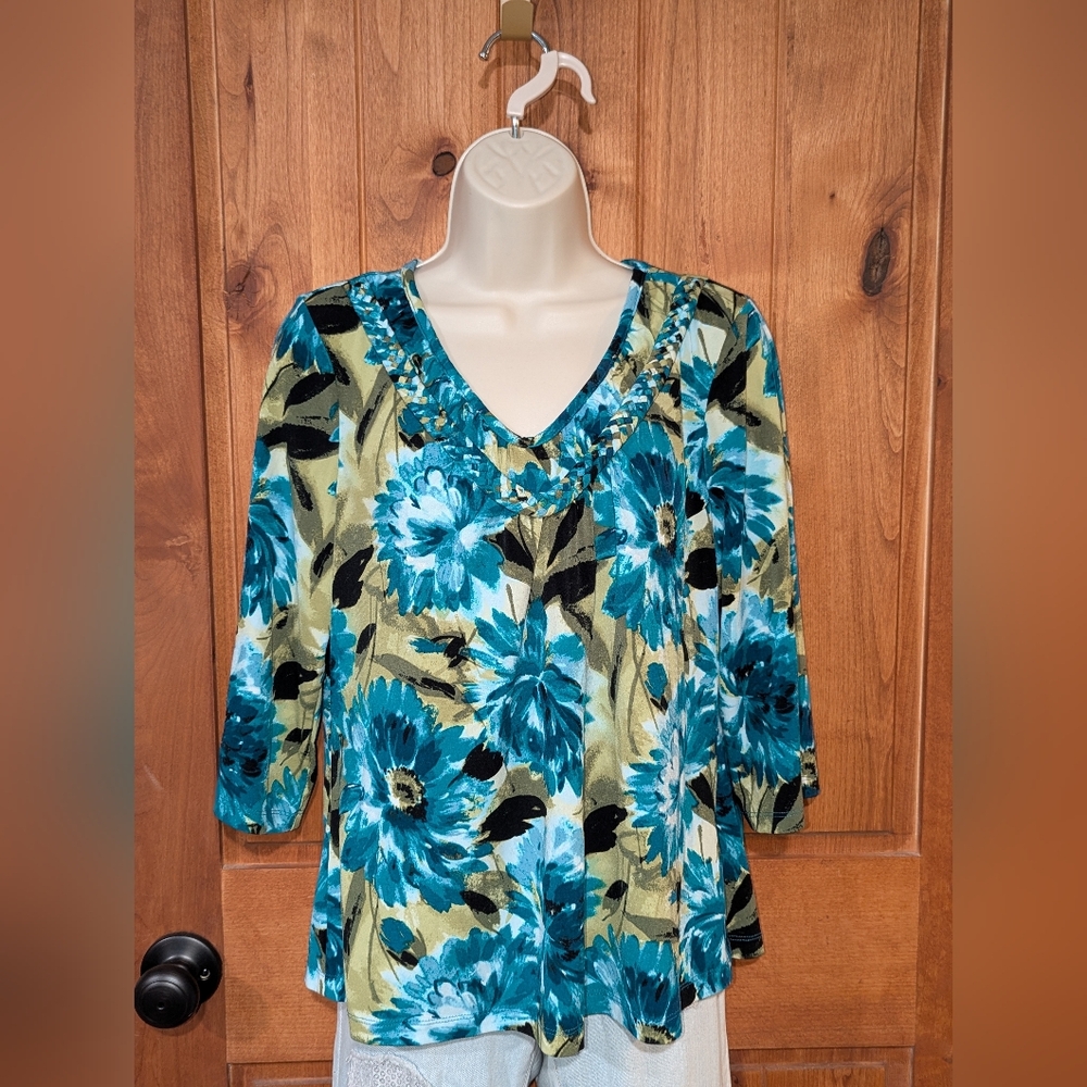 Christopher & Banks Floral V-Neck Blouse‎ - Blue and Green